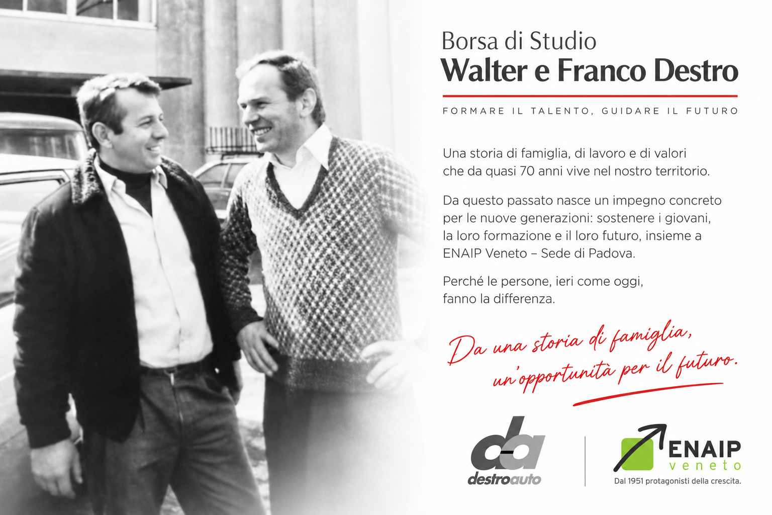 Borsa di Studio Walter e Franco Destro: foto storica e manifesto dell'iniziativa