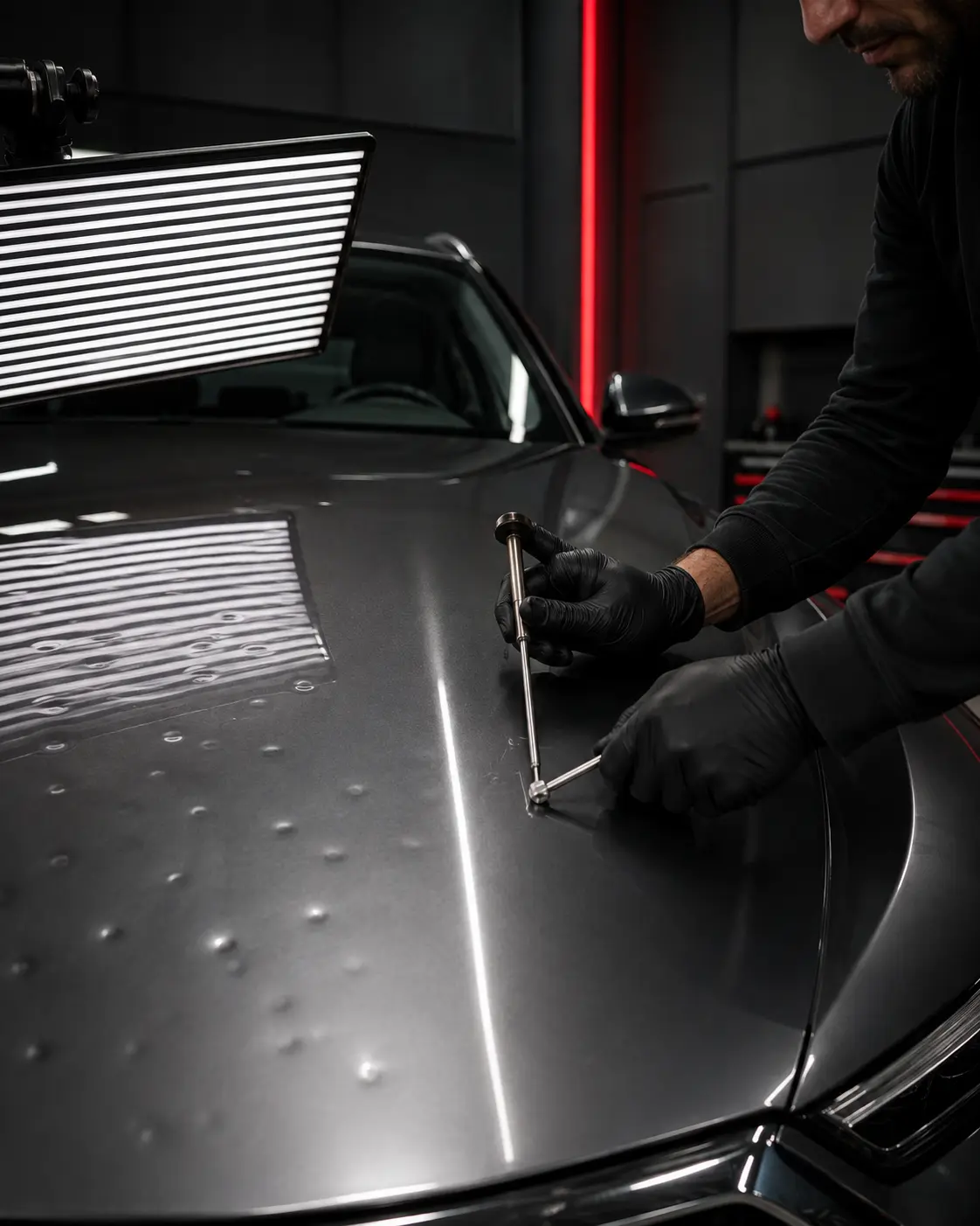 Tecnico durante una riparazione PDR su auto grandinata